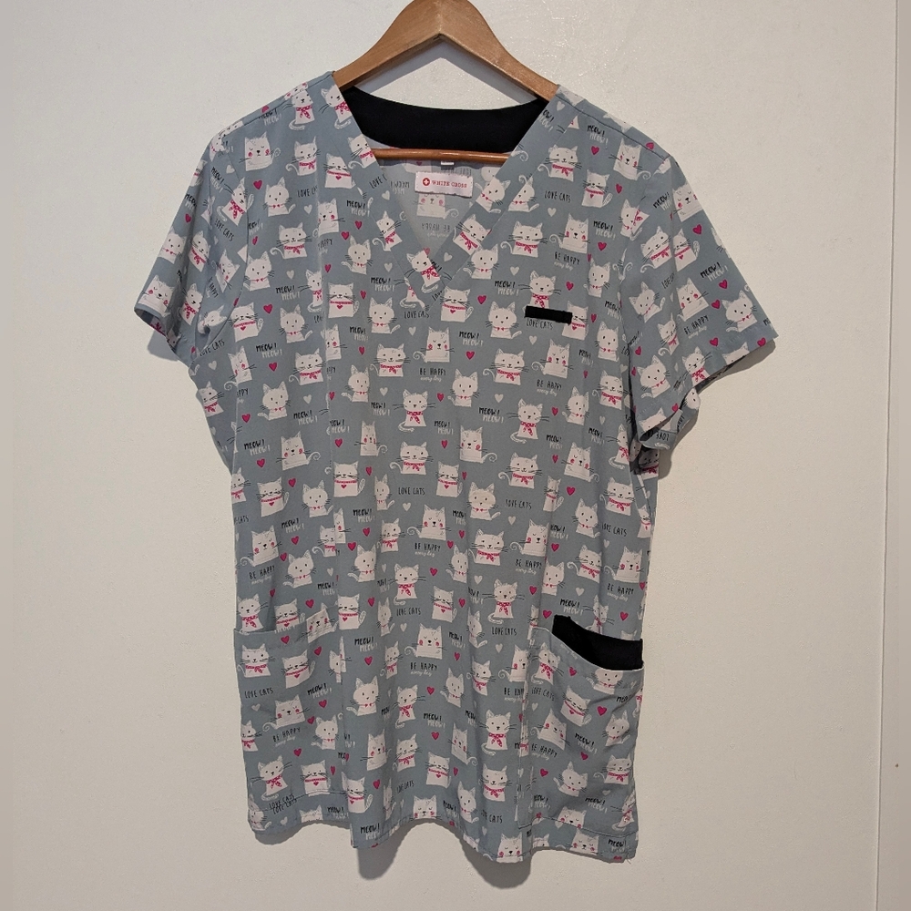 Womens Cats Print Scrub Top L Lightweight Stretch Pink Gray White Cross Exc